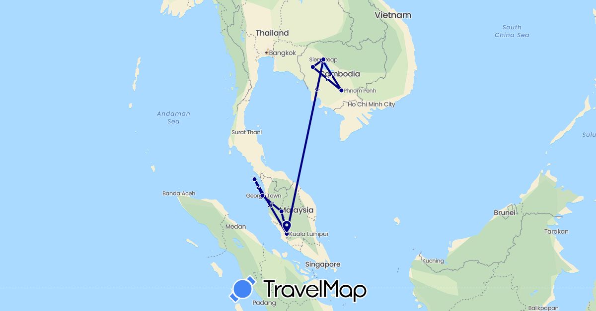 TravelMap itinerary: driving in Cambodia, Malaysia (Asia)